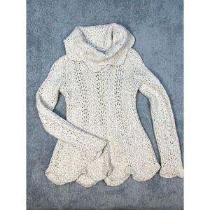 Anthropologie Yellow Bird‎ XS crochet scalloped cowl sweater cream gold pullover